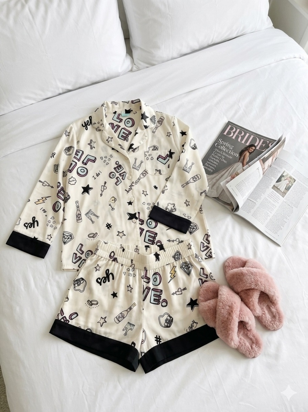 Betsey Johnson Bridal Two-Piece Pajama Set with Black Trim